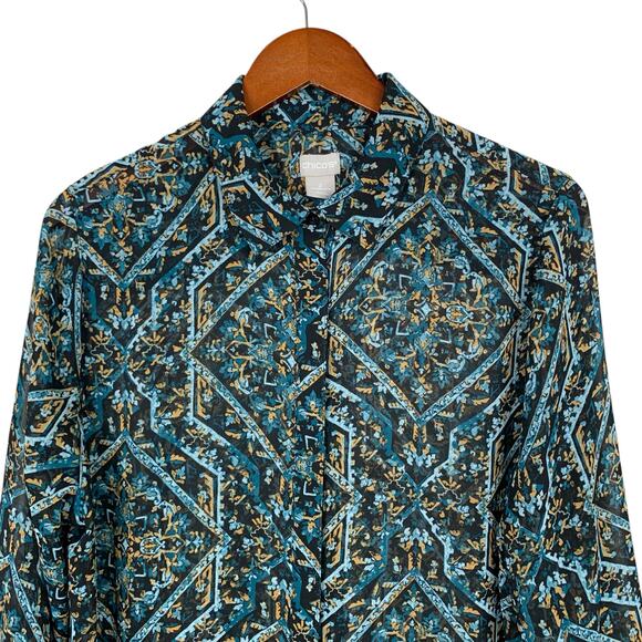 Chicos Tunic Shirt Longer Length Top Semi Sheer Black Blue Women's 2 L 12 - Picture 2 of 9